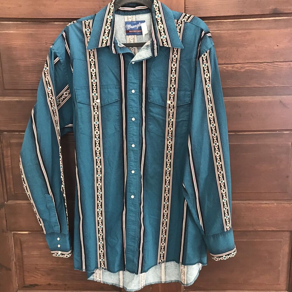Vintage Wrangler Men's Brushpopper Western Cowboy Aztec Collared Shirt Teal LT